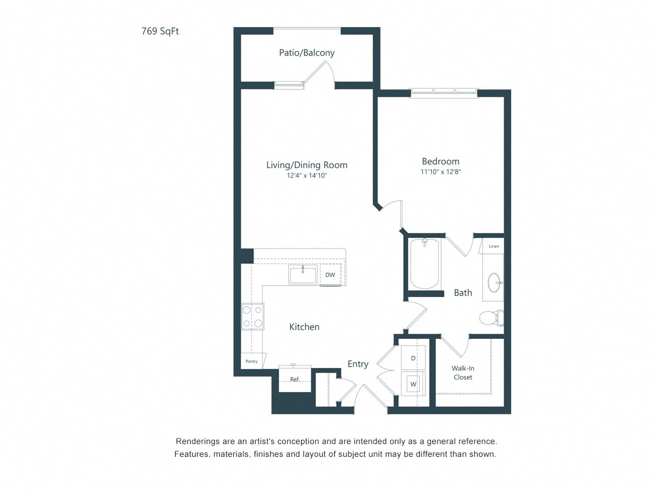 A2 Floor Plan 769 square foot one bedroom one bath